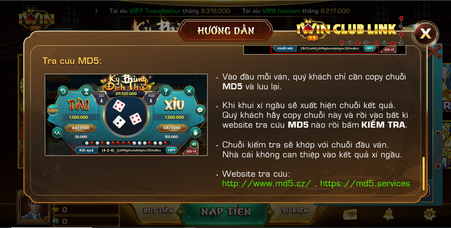 tra cứu md5 trong tài xỉu iwin club