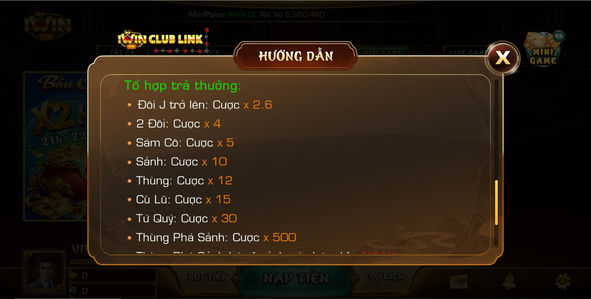 tổ hợp trả thưởng game mini poker tại iwin club