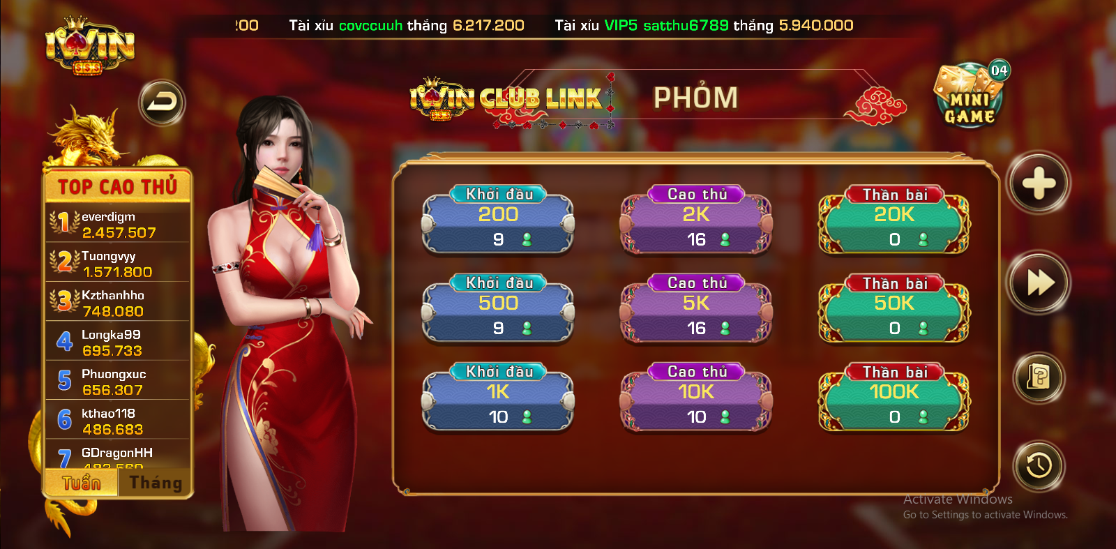 các phòng chơi game bài phỏm IWIN Club