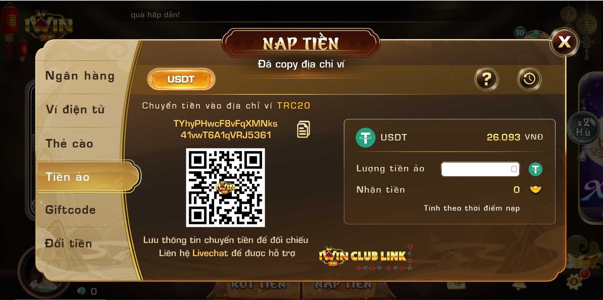 Sao chép địa chỉ ví tiền ảo của cổng game iWin